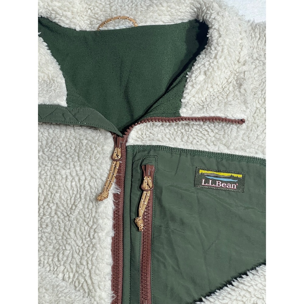 LL Bean Mens Sherpa Fleece Full Zip Jacket Cream Green Brown Trim Large